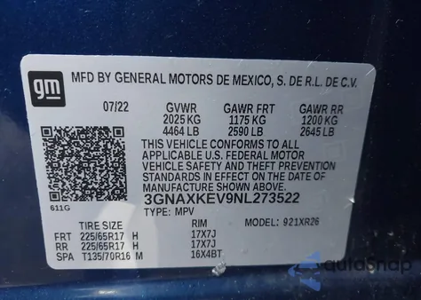 2022 Chevrolet Equinox Fwd Lt from USA, damaged, VIN 3GNAXKEV9NL273522